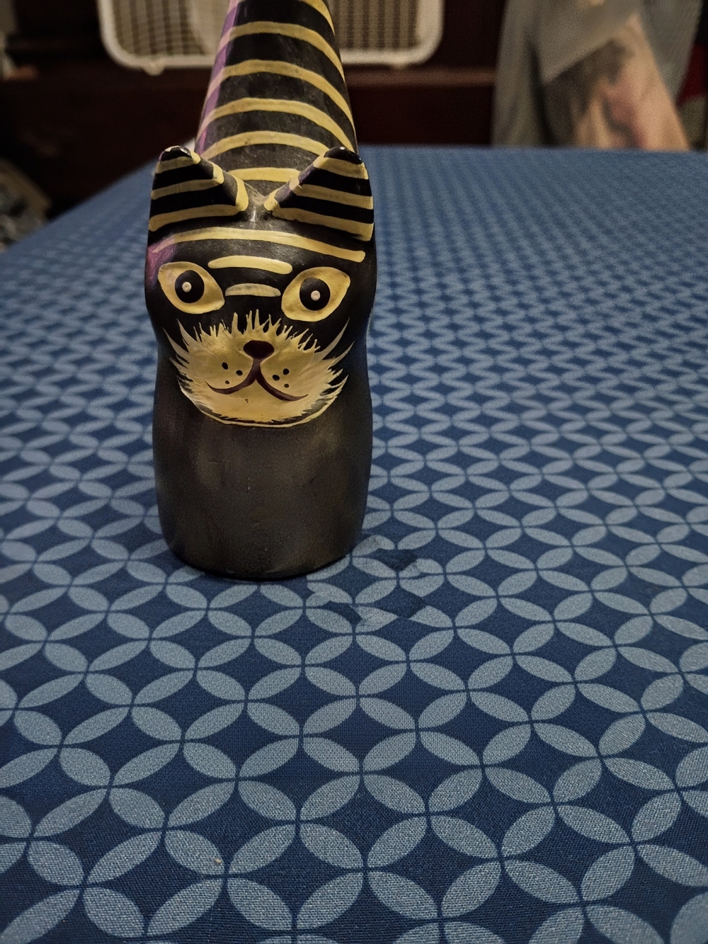 Hand-Painted Black and White Wooden Cat Figurine.